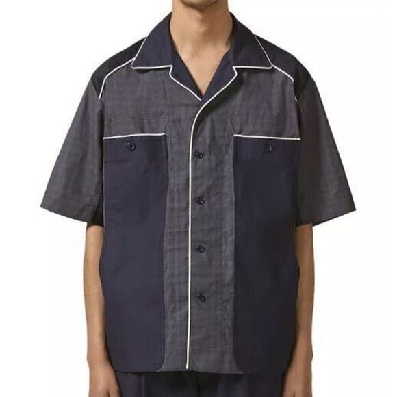 Nicholas Daley SS22 Men's Sz Small Navy Check V-Neck Cotton Bowling Shirt $465 - Picture 10 of 10